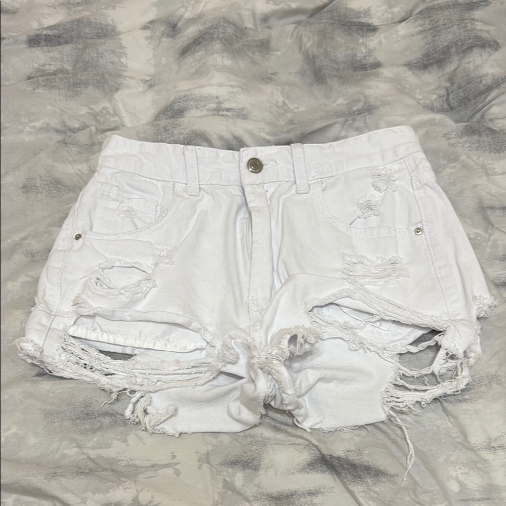 SHEIN White Jean Shorts Distressed Cut-Off Hem